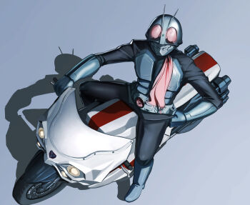 Rule 34 | 1boy, absurdres, antennae, armor, armored bodysuit, black bodysuit, bodysuit, boots, breastplate, bug, commentary, compound eyes, cyclone (kamen rider), english commentary, from above, gloves, glowing, glowing eyes, gradient background, grasshopper, green armor, green boots, green gloves, green helmet, grey background, hand on own hip, helmet, highres, insect, kamen rider, kamen rider 1, kamen rider 1 (shin), leather suit, looking at viewer, looking up, male focus, mask, motor vehicle, motorcycle, on motorcycle, red eyes, red scarf, rider belt, riding, scarf, shadow, shin kamen rider, solo, tokusatsu, typhoon (kamen rider), ylong