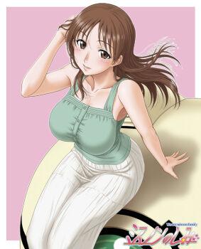 1girl breasts brown_eyes brown_hair from_above kamisama_dolls kukuri_(kamisama_dolls) large_breasts long_hair misnon_the_great shiba_hibino sitting smile