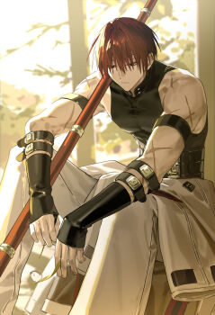 Rule 34 | 1boy, bicep strap, black shirt, bug, butterfly, clothes around waist, fate/grand order, fate (series), harada sanosuke (fate), highres, holding, holding polearm, holding weapon, insect, itefu, jacket, jacket around waist, male focus, multiple scars, pants, polearm, red hair, scar, scar on arm, scar on shoulder, shirt, sleeveless, solo, tight clothes, tight shirt, toned, toned male, weapon, white butterfly, white jacket, white pants