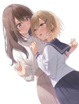 2girls :d backlighting blonde_hair blue_sailor_collar blue_skirt brown_eyes brown_hair check_commentary commentary commentary_request fingernails hair_ornament hairclip height_difference highres long_hair multiple_girls open_mouth original sailor_collar school_uniform serafuku short_hair simple_background skirt smile sweatdrop sweater teeth tsuke_(maholabo) upper_teeth_only white_background white_sweater yuri
