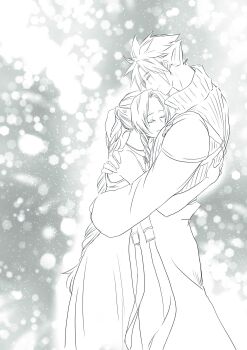 1boy 1girl aerith_gainsborough armor bare_shoulders braid braided_ponytail choker closed_eyes cloud_strife couple dress final_fantasy final_fantasy_vii final_fantasy_vii_advent_children greyscale hair_ribbon hetero highres hug long_dress long_hair monochrome parted_bangs pauldrons ribbon short_hair shoulder_armor sidelocks single_braid single_pauldron single_sleeve sleeveless sleeveless_dress spiked_hair tears tokiokiyu upper_body vest waist_cape