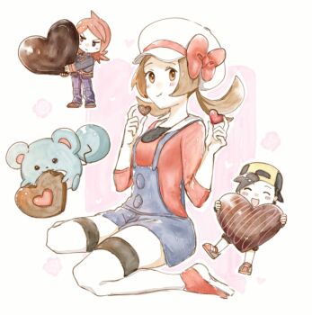 Rule 34 | 1girl, 2boys, asuka rkgk, backwards hat, black hair, blue overalls, blush, bow, brown eyes, brown hair, candy, chibi, chibi inset, chocolate, chocolate heart, closed eyes, closed mouth, commentary, eating, ethan (pokemon), food, full body, gen 2 pokemon, hat, hat bow, heart, heart-shaped food, highres, holding, holding chocolate, holding food, looking at viewer, lyra (pokemon), marill, multiple boys, newsboy cap, nintendo, open mouth, overalls, pokemon, pokemon hgss, red bow, red hair, red shirt, red shoes, shirt, shoes, silver (pokemon), sitting, thighhighs, twintails, untranslatable commentary, wariza, white hat, white thighhighs