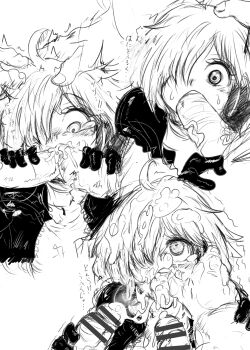 1girl 2boys absurdres adjusting_clothes antenna_hair bodysuit cheek_bulge cooperative_fellatio cum cum_in_mouth deepthroat erection eyelashes fellatio gloves hair_over_one_eye hand_on_another's_head hetero highres jacket looking_at_another looking_at_viewer moaning multiple_boys multiple_penis_fellatio multiple_views nekosatsu1 one_piece oral pubic_hair sequential shiny_clothes short_hair simple_background teamwork_(sexual) tears thick_thighs thighs vegapunk_lilith