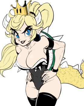 armband blonde_hair blue_eyes bowsette breasts cleavage cleft_of_venus crown earrings genderswap genderswap_(mtf) highres horns jewelry large_breasts leaning_forward leotard lizard_tail long_hair mario_(series) navel nintendo personification pointy_ears ponytail simple_background skindentation slit_pupils spiked_shell tail teevo thighhighs turtle_shell wristband