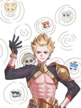 1boy abs aglaea_(honkai:_star_rail) aglaea_(oatmeal)_(honkai:_star_rail) animal animal_on_shoulder armor bare_pectorals black_gloves black_shrug blonde_hair blush_stickers bracelet bubbles_(honkai:_star_rail) cerydra_(dux_beast)_(honkai:_star_rail) cerydra_(honkai:_star_rail) chimera_(honkai:_star_rail) cipher_(honkai:_star_rail) cipher_(master_cat-thief)_(honkai:_star_rail) closed_eyes commentary_request cowboy_shot crown curved_horns earrings fate_(series) flying_sweatdrops gate_of_babylon_(fate) gilgamesh_(fate) gilgamesh_(honkai:_star_rail)_(fate) gloves grin hat highres honkai:_star_rail honkai_(series) horns jewelry long_sleeves male_focus mydei_(fig_stew)_(honkai:_star_rail) mydei_(honkai:_star_rail) noble_phantasm_(fate) pauldrons pectorals phainon_(honkai:_star_rail) phainon_(vigethos)_(honkai:_star_rail) piercing red_eyes short_hair shoulder_armor shrug_(clothing) single_pauldron smile spiked_hair sunglasses v-shaped_eyebrows white_background x_xox12 yellow-framed_eyewear