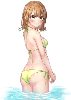 1girl ass back bikini blush breasts brown_eyes brown_hair butt_crack closed_mouth commentary_request cowboy_shot from_behind green_bikini halterneck highres isshiki_iroha looking_at_viewer looking_back lowleg lowleg_bikini median_furrow medium_breasts medium_hair meri-san shoulder_blades side-tie_bikini_bottom simple_background smile solo string_bikini swimsuit wading water white_background yahari_ore_no_seishun_lovecome_wa_machigatteiru.