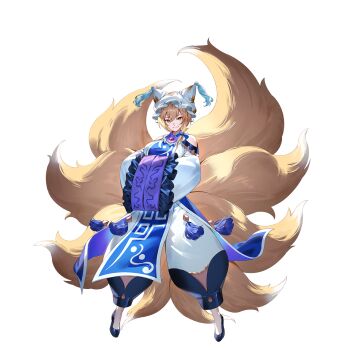 1girl adapted_costume animal_hat blonde_hair blue_tabard breasts closed_mouth clothing_cutout fox_tail full_body game_cg hands_in_opposite_sleeves hat highres kitsune kyuubi long_sleeves looking_at_viewer mob_cap multiple_tails non-web_source official_art second-party_source shoes short_hair shoulder_cutout smile solo tabard tail touhou touhou_gensou_eclipse transparent_background u_u_zan wide_sleeves yakumo_ran yellow_eyes