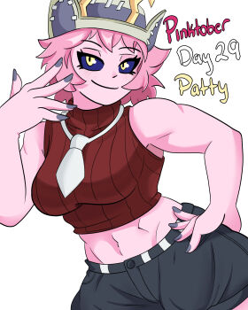 1girl absurdres acidart artist_name ashido_mina black_sclera boku_no_hero_academia colored_sclera colored_skin cosplay female_focus highres horns midriff necktie pink_hair pink_skin solo white_necktie yellow_eyes yellow_horns