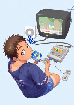 04sora40 1boy blue_background blue_eyes blue_shirt brown_hair cable crt full_body game_cartridge game_console juice_box kirby kirby_(series) kirby_super_star looking_at_viewer looking_back male_focus nintendo original shirt shorts simple_background sitting solo super_nintendo super_nintendo_controller sweat tan tanline waddle_doo whispy_woods