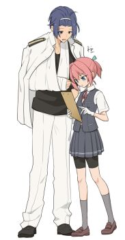 1boy 1girl admiral_(kancolle) arm_sling bike_shorts bike_shorts_under_skirt black_shirt blue_eyes brown_shoes clipboard collared_shirt commentary_request dress_shirt grey_hair grey_skirt grey_socks grey_vest height_difference highres jacket jacket_on_shoulders kantai_collection loafers pants pink_hair pleated_skirt ponytail r-king school_uniform shiranui_(kancolle) shirt shoes short_hair shorts shorts_under_skirt simple_background skirt socks vest white_background white_pants white_shirt