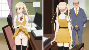 1boy 1girl age_difference balding black_thighhighs blonde_hair blush bow bow_panties breasts censored chair clothes_lift collared_shirt cottage curtains desk dress dress_lift fat fat_man hands_in_pockets censored hetero highres censored_identity lifting_own_clothes long_hair looking_away mosaic_censoring necktie open_mouth panties presenting saenai_heroine_no_sodatekata sawamura_spencer_eriri sequential shirt short_sleeves skirt skirt_lift slippers small_breasts tagme thighhighs twintails underwear white_shirt window yellow_neckwear zettai_ryouiki