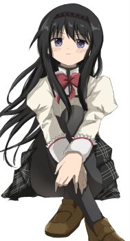 1girl akemi_homura arm_around_leg black_hair black_pantyhose blush blush_stickers bow bowtie brown_shoes checkered_clothes checkered_skirt child frills hairband highres juliet_sleeves long_hair long_sleeves looking_at_viewer mahou_shoujo_madoka_magica mitakihara_school_uniform nu1h5 pantyhose puffy_sleeves purple_eyes school_uniform shirt shoes simple_background sitting skirt solo white_background white_shirt