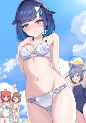 Rule 34 | 4girls, absurdres, ahoge, arm up, arms behind back, arms up, ball, beach, beachball, bikini, blue hair, blue sky, blunt bangs, blush, bone hair ornament, bow, bow panties, brown hair, check commentary, cloud, cloudy sky, commentary request, cowboy shot, day, double bun, embarrassed, flower, frilled bikini, frills, hair bun, hair flaps, hair flower, hair intakes, hair ornament, highres, holding, holding ball, holding beachball, holding swim ring, innertube, long hair, looking at viewer, multiple girls, navel, one-piece swimsuit, outdoors, panties, red hair, school swimsuit, sendo yuuhi, short hair, short twintails, sidelocks, sky, standing, swim ring, swimsuit, tsumugi kokage, twintails, underwear, virtual youtuber, vspo!, wavy mouth, yamaoka remu, yano kuromu, yumeno akari