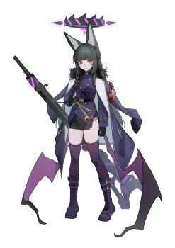 1girl absurdres aiguillette animal_ear_fluff animal_ears arm_at_side armband belt belt_buckle black_belt black_gloves black_hair black_halo black_skirt blue_archive blunt_bangs blush boots braid buckle buttons chinese_commentary closed_mouth coat coat_on_shoulders commentary_request cosplay double-breasted fox_ears fur-trimmed_coat fur_trim gloves gun half_up_braid halo hand_up highres hina_(blue_archive) hina_(blue_archive)_(cosplay) holding holding_behind_back holding_strap holding_weapon_behind_back hoshimi_miyabi jacket long_hair long_sleeves looking_at_viewer low_wings machine_gun mechanical_halo medal mg42 miniskirt purple_boots purple_coat purple_jacket purple_thighhighs purple_wings red_armband red_eyes sharlll side_slit sidelocks simple_background skirt solo spiked_halo standing thighhighs two-sided_coat two-sided_fabric weapon white_background white_coat wings zenless_zone_zero
