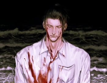 1boy black_hair blood blood_on_clothes blood_on_face closed_eyes closed_mouth commentary earrings english_commentary expressionless facing_viewer getou_suguru highres jewelry jujutsu_kaisen male_focus ndsoda ocean outdoors solo upper_body