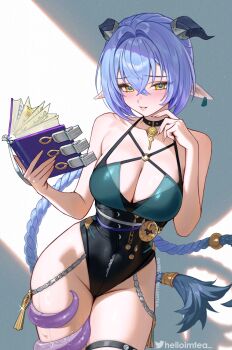 2girls bare_shoulders black_choker black_leotard blue_pupils book braid breasts choker cleavage collarbone commentary english_commentary fingernails groin hair_between_eyes hair_intakes hand_up helloimtea highleg highleg_leotard highres holding holding_book horns large_breasts leotard long_hair lucia_elowen multiple_girls out_of_frame paid_reward_available parted_lips pointy_ears purple_hair skindentation smile solo_focus tail tail_wrap thighs twitter_username very_long_hair wet yellow_eyes yidhari_murphy zenless_zone_zero