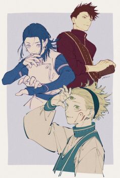 1girl 2boys alien black_hair black_hairband earrings extra_eyes facial_mark fingerless_gloves gakuran gloves green_eyes green_hair hairband hand_on_sheath highres hoop_earrings jacket jewelry jujutsu_kaisen jujutsu_kaisen_modulo marulu_val_vol_yelvori medium_hair mim_(mimya0600) multiple_boys okkotsu_tsurugi okkotsu_yuka school_uniform short_hair signature simurian sleeveless sleeveless_jacket spiked_hair triclops upper_body white_jacket