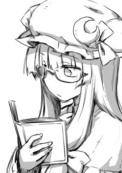 1girl absurdres book bow closed_mouth commentary crescent crescent_hat_ornament glasses greyscale hair_bow hat hat_ornament highres holding holding_book long_hair long_sleeves mob_cap monochrome oninamako open_book patchouli_knowledge reading solo touhou