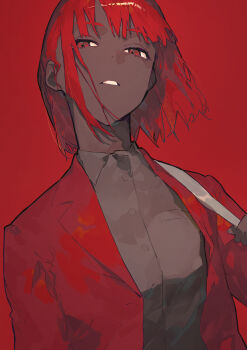 1girl absurdres bob_cut brown_shirt collared_shirt commentary_request dark-skinned_female dark_skin highres medium_hair open_mouth original red_background red_eyes red_hair shiloroshi shirt solo teeth