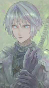 1boy arm_armor armor black_coat black_gloves black_sweater blue_eyes chest_strap chiwabo coat commentary_request expressionless final_fantasy final_fantasy_vii final_fantasy_vii:_ever_crisis gloves green_background grey_hair hands_up highres looking_to_the_side male_focus pauldrons sephiroth sephiroth_(ever_crisis) short_hair shoulder_armor solo sweater sword sword_on_back turtleneck turtleneck_sweater twitter_username upper_body weapon weapon_on_back