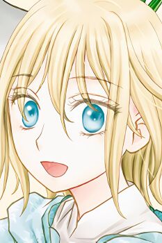 1girl artist_request blonde_hair blue_eyes champignon_no_majo happy highres lisl_(champignon_no_majo) long_hair looking_at_viewer open_mouth smile source_request upper_body