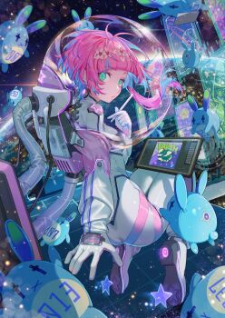 1girl absurdres animal_ears ass blunt_bangs bodysuit breasts city_lights drawing_tablet earth_(planet) floating floating_hair flower full_body gloves gradient_eyes hair_flower hair_ornament helmet highres holding holding_pen lens_flare looking_at_viewer looking_back medium_breasts multicolored_eyes number_print original parted_lips pen pink_hair pixiv planet rabbit rabbit_ears screen short_hair soono_(rlagpfl) space space_helmet spacesuit star_(symbol) symbol-shaped_pupils tube white_bodysuit