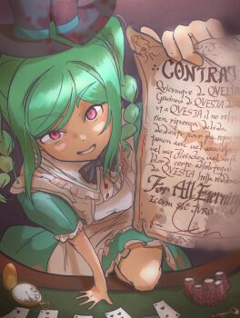 Rule 34 | 1girl, apron, aqua dress, aqua hair, black bow, black bowtie, black hat, bow, bowtie, braid, card, commentary request, contract, dress, frilled apron, frilled dress, frills, grin, hat, highres, holding, key, looking at viewer, love live!, love live! superstar!!, maid apron, necosaghi, onitsuka tomari, parted bangs, pink eyes, playing card, pocket watch, poker chip, poker table, short sleeves, sidelocks, smile, solo, table, top hat, torn clothes, torn hat, twin braids, watch, white apron, wild card (love live!)