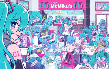 6+girls alternate_costume brazilian_miku confessions_of_a_rotten_girl_(vocaloid) food hachune_miku hatsune_miku highres holding holding_food holding_spring_onion holding_vegetable indoors koi_wa_sensou_(vocaloid) koiiro_byoutou_(vocaloid) magnet_(vocaloid) matryoshka_(vocaloid) mcdonald's meme merchandise_available mesmerizer_(vocaloid) miku_miku_beaaaam!!_(meme) mikudayo monitoring_(vocaloid) multiple_girls nurse official_alternate_costume poppippoo_(vocaloid) rabbit_hole_(vocaloid) restaurant roller_skates rolling_girl_(vocaloid) romeo_to_cinderella_(vocaloid) shinkai_shoujo_(vocaloid) shiteyan'yo skates spilling spring_onion suna_no_wakusei_(vocaloid) too_many tripping vampire_(vocaloid) vegetable vocaloid waitress world_is_mine_(vocaloid)