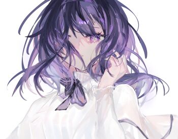 1girl arknights black_hair black_ribbon diamond_in_eye floating_hair fumi_(rdbm) hair_between_eyes hand_in_own_hair hand_up long_hair long_sleeves looking_at_viewer neck_ribbon one_eye_covered parted_lips priestess_(arknights) purple_eyes purple_hair ribbon shirt simple_background solo turtleneck turtleneck_shirt upper_body white_background white_shirt
