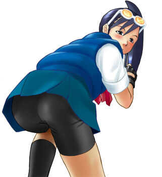 Rule 34 | 1girl, ass, bike shorts, blush, capcom, clothes lift, female focus, freckles, glasses, hibiki ran, justice gakuen, shiritsu justice gakuen, skirt, skirt lift, sleeves rolled up, socks, solo, tsukinowa kumatarou