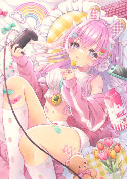 1girl animal_ear_headphones animal_ears bandaid bandaid_on_leg bare_shoulders breasts candy commission controller crop_top fake_animal_ears flower food food-themed_hair_ornament game_controller hair_between_eyes hair_ornament headphones highres holding holding_food jacket kneehighs lollipop long_hair long_sleeves looking_at_viewer lying maripori medium_breasts midriff navel off_shoulder on_back open_clothes open_jacket original phone pillow pink_hair pink_jacket purple_eyes sensitive shirt short_shorts shorts sleeveless sleeveless_shirt socks solo stuffed_animal stuffed_toy tamagotchi_(virtual_pet) teddy_bear tongue tongue_out virtual_pet_(toy) white_shirt white_socks