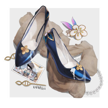 Rule 34 | 1girl, artist name, bar censor, blue footwear, border, censored, cum, cum on clothes, high heels, highres, jewelry, necklace, no humans, pantyhose, pearl necklace, photo (object), shoes, simple background, still life, unworn shoes, xnnagu