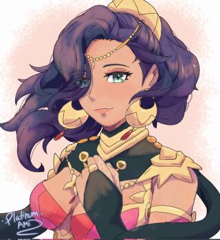 1girl blue_hair breasts circlet dancer dark-skinned_female dark_skin earrings fire_emblem fire_emblem:_fortune's_weave gold_choker gold_earrings hand_on_own_chest high_ponytail highres hoop_earrings jewelry leda_(fire_emblem) medium_breasts nintendo platinum_ami ponytail solo