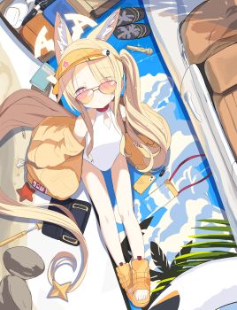 1girl absurdres animal_ear_fluff animal_ears backpack bag bare_shoulders black_slippers blonde_hair blue_archive blush book breasts briefcase car cellphone closed_mouth cloud commentary cross_halo diamond_cutout eyes_visible_through_hair feet folding_umbrella force_(fossan_01) fox_ears fox_girl fox_tail from_above full_body glasses gradient_eyes halo highleg highleg_one-piece_swimsuit highres jacket lanyard leotard loli long_hair long_sleeves looking_at_viewer looking_up microphone motor_vehicle multicolored_eyes off_shoulder official_alternate_costume official_alternate_hairstyle one-piece_swimsuit open_clothes orange-tinted_eyewear orange_shoes outdoors phone sand sandals seashell seia_(blue_archive) seia_(swimsuit)_(blue_archive) shell shoes side_ponytail sitting slippers small_breasts smartphone solo star_(symbol) sunglasses swimsuit tail tail_ornament thighs tinted_eyewear toes very_long_hair very_long_tail visor_cap water white_one-piece_swimsuit yellow_halo yellow_jacket yellow_sandals yellow_visor