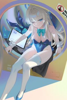 1girl absurdres animal_ears blonde_hair blue_archive blue_eyes blue_halo blue_leotard bow bowtie breasts cellphone closed_mouth detached_collar fake_animal_ears halo highres laundromat leotard long_hair looking_at_viewer phone playboy_bunny rabbit_ears shortofsugar smartphone smile solo strapless strapless_leotard thighhighs toki_(blue_archive) toki_(bunny)_(blue_archive) white_thighhighs wrist_cuffs