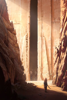 3others absurdres ancient_egyptian assassin's_creed:_origins assassin's_creed_(series) canyon carving cloak commentary doorway english_commentary from_behind from_side highres holding holding_polearm holding_weapon hood hooded_cloak hot multiple_others outdoors painterly polearm raphael-lacoste red_cloak rock sand sandstone scenery sunlight weapon