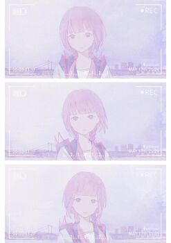 1girl battery_indicator blunt_bangs border braid bridge closed_mouth day film_grain floating_hair hair_over_shoulder highres hood hood_down hooded_jacket jacket kaf_(kamitsubaki_studio) kamitsubaki_studio light_smile long_hair looking_at_viewer low_twin_braids multiple_views muted_color outdoors pink_eyes pink_hair recording sequential skyline smile timestamp twin_braids viewfinder virtual_youtuber white_border xieil1