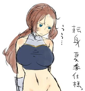 ... 1girl :| armpit_crease arms_behind_back blue_eyes blush bottomless breasts brown_hair closed_mouth collarbone covered_collarbone crop_top empty_eyes gauntlets groin highres hijikata_(senran_kagura) large_breasts linea_alba low_ponytail official_art parted_bangs ponytail senran_kagura senran_kagura_new_wave shirt simple_background sketch sleeveless sleeveless_shirt solo translation_request white_background