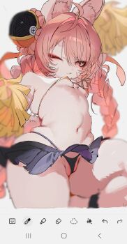 1girl ahoge animal_ear_fluff animal_ears arm_up bikini black_bikini black_skirt body_fur breasts closed_mouth commentary_request covered_erect_nipples furry furry_female highres holding holding_pom_poms long_hair looking_at_viewer navel one_eye_closed partially_visible_vulva pink_hair pom_pom_(cheerleading) pom_poms rabbit_ears rabbit_girl rabbit_tail red_eyes skirt small_breasts smile solo swimsuit tail tonari_no_oji-san zenless_zone_zero zhao_(zenless_zone_zero)