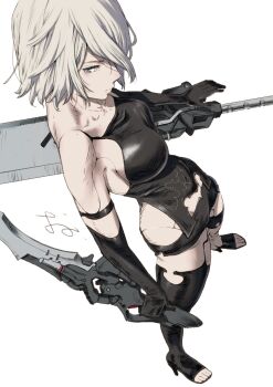 1girl a2_(nier:automata) absurdres android bare_shoulders black_boots black_gloves black_shirt blue_eyes boots breasts closed_mouth collarbone commentary_request dual_wielding elbow_gloves from_above from_side gloves grey_hair high_heel_boots high_heels highres holding holding_sword holding_weapon joints large_breasts nier:automata nier_(series) oono_tsutomu open-toe_boots robot_joints shirt short_hair simple_background sleeveless sleeveless_shirt solo standing sword thigh_boots toes torn_clothes torn_shirt weapon white_background