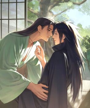 2boys aged_down black_hair clothes_grab couple eye_contact half-closed_eyes highres lips long_hair looking_at_another male_focus mature_male mdun1028 multiple_boys naruto_(series) naruto_shippuuden neckwear_grab senju_tobirama smile sunlight tree uchiha_madara yaoi