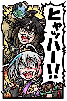 Rule 34 | 2girls, animal ears, black gloves, black hair, blonde hair, blue hair, collar, commentary request, ear covers, fingerless gloves, fingernails, flower pot, ginrin, gloves, goggles, goggles around neck, green eyes, grey eyes, grey hair, hair between eyes, highres, holding, holding flower pot, holding microphone, horse ears, horse girl, hoshi syoko, idolmaster, idolmaster cinderella girls, marimo, matsuda satsumi, microphone, multicolored eyes, multicolored hair, multiple girls, mushroom, pac-man eyes, purple eyes, red hair, shared speech bubble, sharp fingernails, sharp teeth, shouting, speech bubble, star pendant, stay gold (sunlit outsider) (umamusume), stay gold (umamusume), teeth, tongue, tongue out, translation request, two-tone eyes, umamusume, voice actor connection, wrist belt, yellow eyes