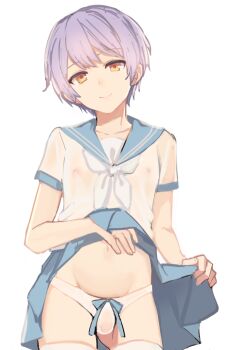 1boy androgynous blue_ribbon blue_sailor_collar blue_skirt bow bow_panties bulge closed_mouth clothes_lift collarbone commentary_request covered_erect_nipples crossdressing crossdressing_(mtf) dot_nose gluteal_fold hands_up head_tilt highres looking_at_viewer male_focus midriff navel neckerchief orange_eyes original panties partial_commentary pleated_skirt purple_hair purple_hair_boy_(sunaba_(nczd5875)) ribbon sailor_collar see-through_clothes see-through_panties see-through_shirt shirt short_hair short_sleeves skirt skirt_lift smile solo sunaba_(nczd5875) thighhighs thighs trap underwear white_neckerchief white_panties white_shirt white_thighhighs