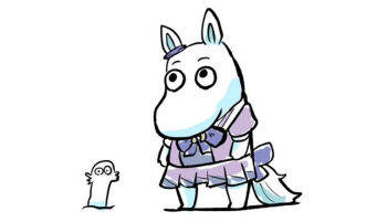 animal_ears bow cosplay hattifattener horse_ears horse_tail kawamochi_(kawauti919) moomin moomintroll pleated_skirt puffy_short_sleeves puffy_sleeves purple_bow purple_shirt purple_skirt school_uniform shirt short_sleeves simple_background skirt standing tail tracen_school_uniform umamusume white_background