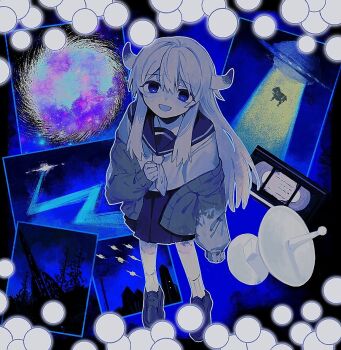 1girl :d abduction blue_eyes blue_sailor_collar blue_shoes blue_skirt blue_theme cardigan cardigan_partially_removed cassette_tape cow horns isei_(iyowa) isei_ni_ikou_ne_(cevio) iyowa_girls loafers long_hair long_sleeves looking_at_viewer neckerchief open_cardigan open_clothes open_mouth ribbed_socks rocket sailor_collar satellite_dish school_uniform serafuku shirt shoes single_horn skirt smile socks solo tractor_beam u_u5385 ufo white_hair white_neckerchief white_shirt white_socks