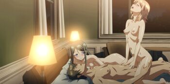 1boy 2girls animated animated_gif ass bad_tag barefoot bed black_hair blonde_hair blue_eyes blush bouncing_breasts breasts censored closed_eyes cowgirl_position feet ffm_threesome girl_on_top group_sex happy_sex helmet indoors interior kamimura_chika kamimura_haruka large_breasts long_hair lying multiple_girls nipples nude penis pillow pussy screencap sex short_hair sisters_~natsu_no_saigo_no_hi~ straddling sweat threesome vaginal watching