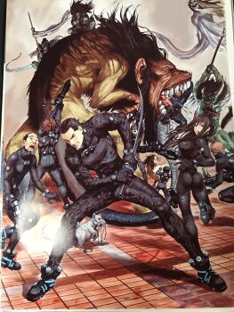 1girl 6+boys 6+others battle beard black_bodysuit black_hair bodysuit boots breasts brown_eyes brown_hair clenched_teeth collared_shirt commentary_request denim denim_skirt facial_hair fighting full_body gantz gantz_suit gantz_sword glass goatee gun highres holding holding_gun holding_weapon katou_masaru kaze_daizaemon kurono_kei large_breasts lips long_hair monster multiple_boys multiple_others muscular muscular_male oku_hiroya open_mouth outdoors pants parted_lips scarf shimohira_reika shirt shoes sideburns simple_background skirt standing sunglasses teeth thick_eyebrows weapon