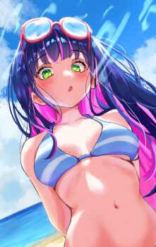 Rule 34 | 1girl, :o, aloidesu, arms behind back, backlighting, bare arms, bare shoulders, beach, bikini, blue bikini, blue hair, blue sky, blunt bangs, blush, breasts, breasts apart, bright pupils, cloud, collarbone, colored inner hair, commentary request, cumulonimbus cloud, day, eyewear on head, from below, green eyes, highres, long hair, looking at viewer, multicolored bikini, multicolored hair, navel, open mouth, outdoors, panty &amp; stocking with garterbelt, pink hair, red-framed eyewear, sidelocks, sky, small breasts, stocking (psg), stomach, streaked hair, striped bikini, striped clothes, summer, sunglasses, swimsuit, tareme, two-tone bikini, two-tone hair, upper body, very long hair, water, white bikini, white pupils