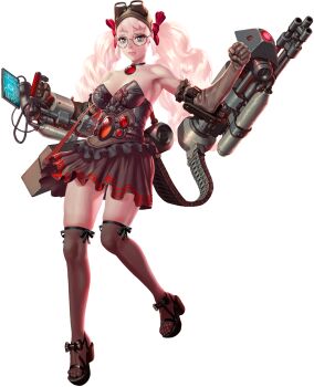 1girl absurdres armpits artist_request bare_shoulders black_bow blue_eyes bow breasts brooke_(crystal_maidens) cleavage closed_mouth crystal_maiden_(series) full_body game_cg glasses goggles goggles_on_head gun hair_bow highres machine_gun mechanical_arms official_art red_bow screen skirt solo strap transparent_background weapon white_hair