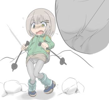 1girl cameltoe clitoral_stimulation clitoris_torture female_focus fish_hook fishing_line green_eyes green_jacket grey_hair grey_pantyhose hair_ornament hairclip jacket mudadamuda open_mouth pain panties panties_under_pantyhose pantyhose shoes short_hair skirt solo star-shaped_pupils star_(symbol) symbol-shaped_pupils tears underwear yama_no_susume yukimura_aoi